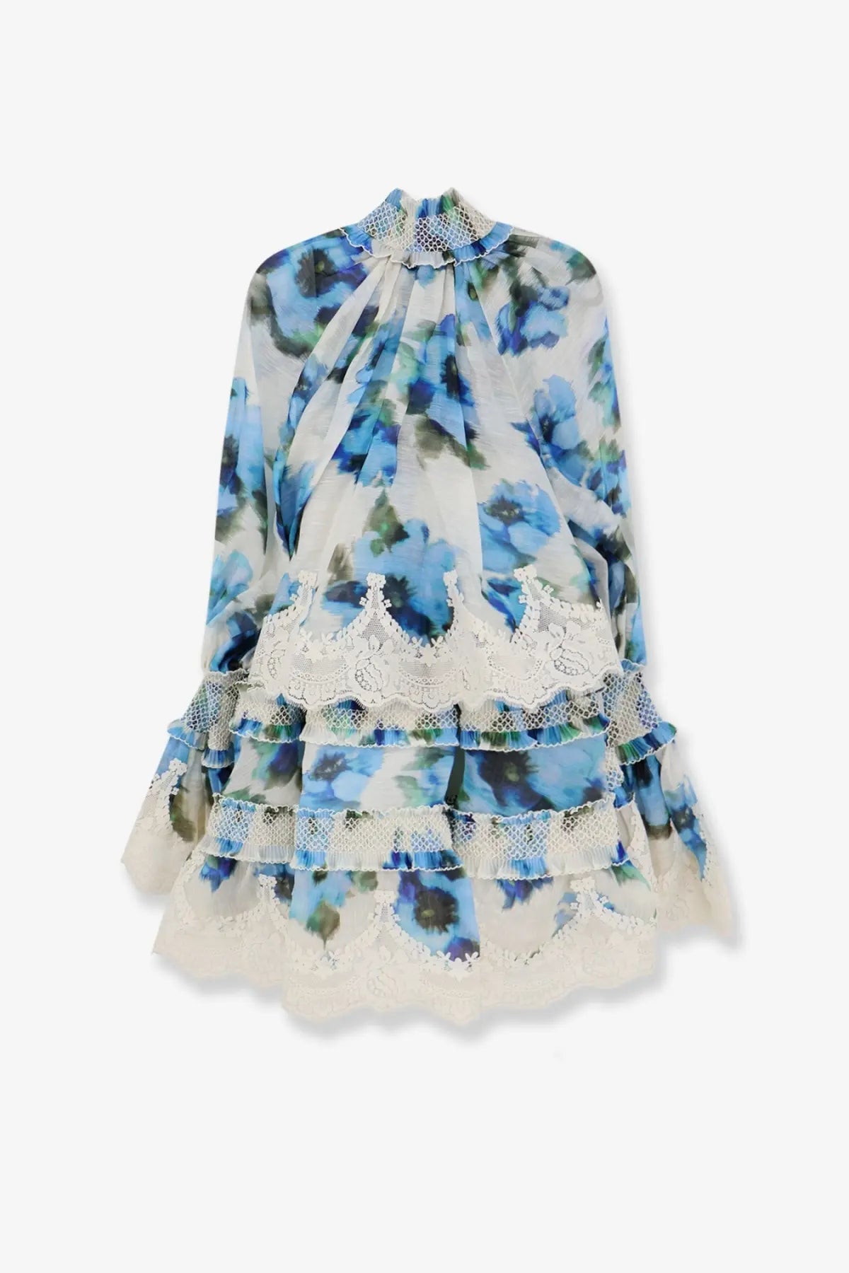 Zimmermann women’s alchemy shirred mini dress blue features sheer white blouse fabric with blue floral print and cream lace ruffles
