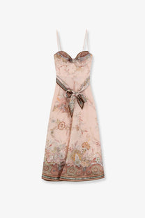 Zimmermann women’s alchemy silk and linen blend midi dress in blue with delicate pink floral print slip style and matching belt
