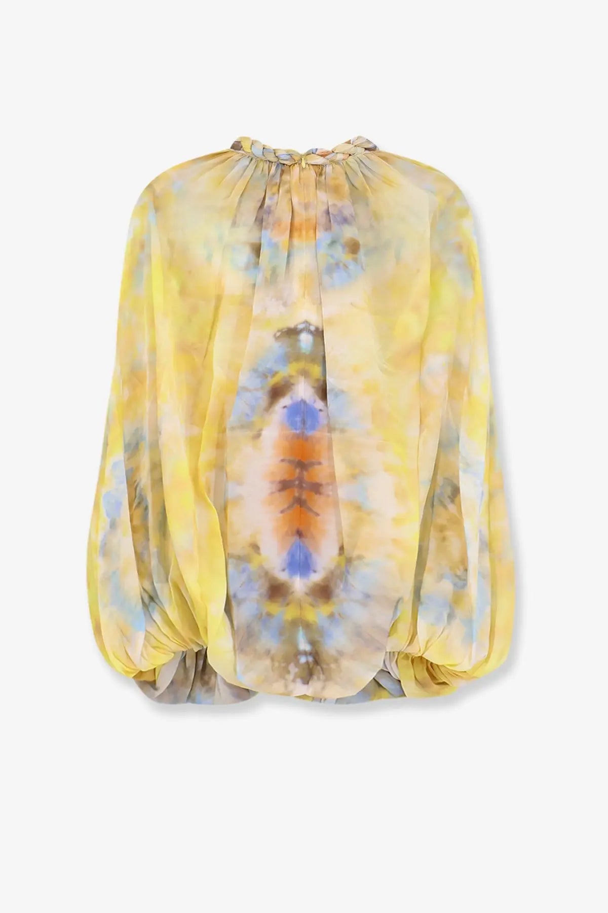 Zimmermann women’s alchemy twist billow silk top in yellow tie-dye with long puffed sleeves and gathered neckline