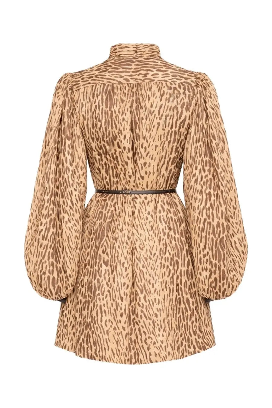Zimmermann women’s beige and brown leopard print mini dress with puffed sleeves, high collar, and black belt