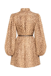 Zimmermann women’s beige and brown leopard print mini dress with puffed sleeves, high collar, and black belt
