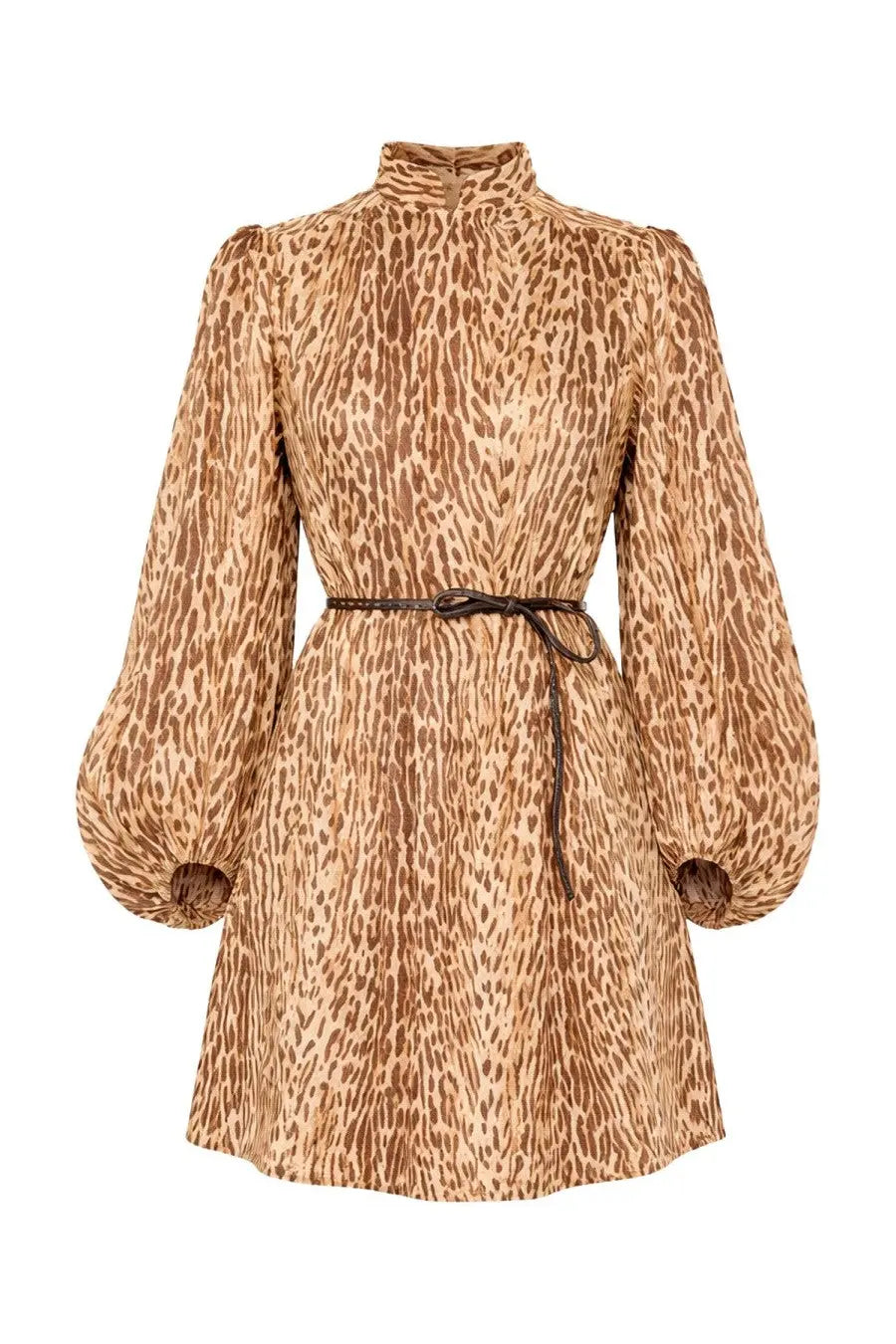 Zimmermann women’s beige and brown leopard-print mini dress with puffed sleeves high neckline and matching belt