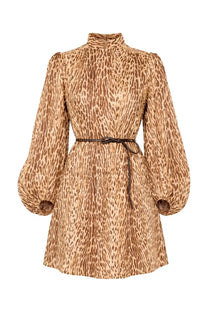 Zimmermann women’s beige and brown leopard-print mini dress with puffed sleeves high neckline and matching belt