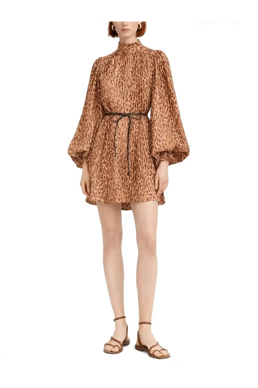 Zimmermann women’s brown leopard-print mini dress with puffy long sleeves high neckline and black waist belt