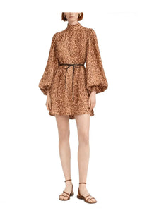 Zimmermann women’s brown leopard-print mini dress with puffy long sleeves high neckline and black waist belt