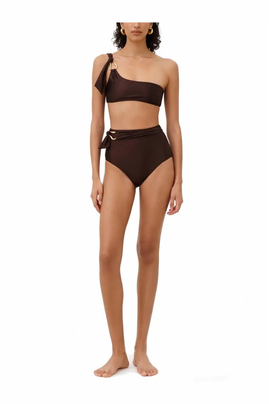 Zimmermann women’s ascension brown one-shoulder bikini top with gold-toned hardware accents