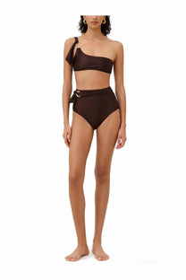 Zimmermann women’s ascension brown one-shoulder bikini top with gold-toned hardware accents