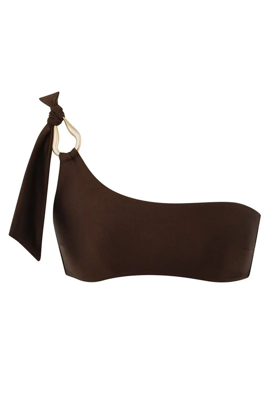 Zimmermann women’s ascension bikini top brown with one shoulder satin finish and tied strap with gold metal ring