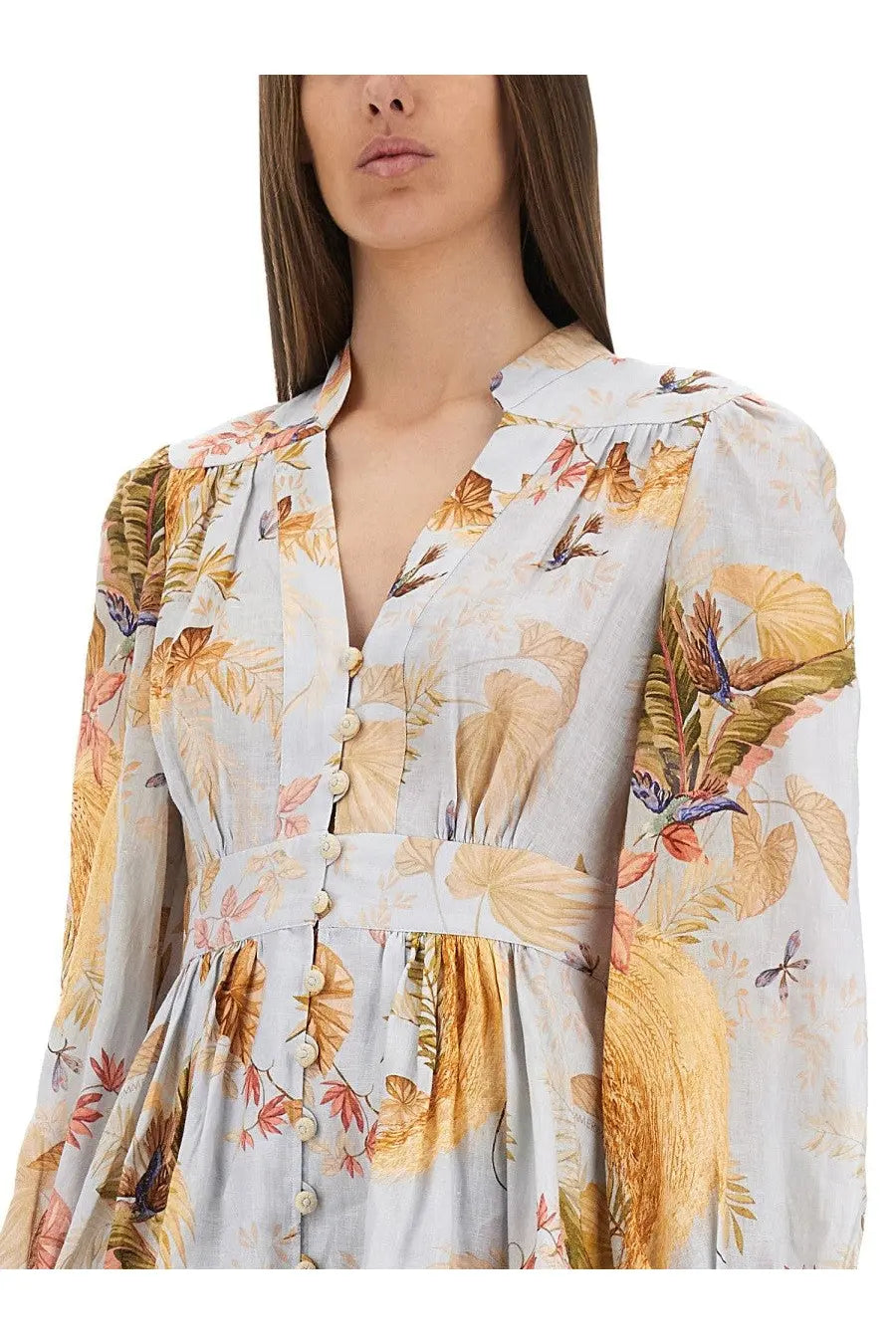 Zimmermann women’s ascension light blue dress with botanical print featuring golden leaves butterflies and colorful birds