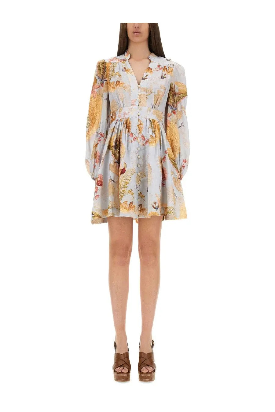 Zimmermann women’s ascension dress blue light blue and yellow floral print long sleeves button front fitted waist