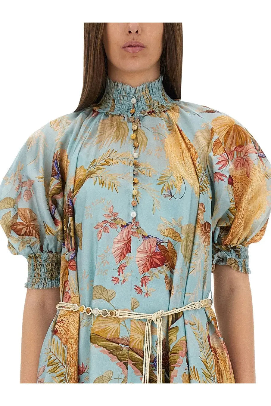 Zimmermann women’s ascension maxi dress in light blue with tropical leaf and bird print, puffed sleeves, high collar, woven belt