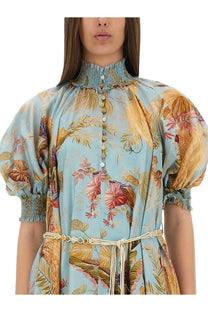 Zimmermann women’s ascension maxi dress in light blue with tropical leaf and bird print, puffed sleeves, high collar, woven belt