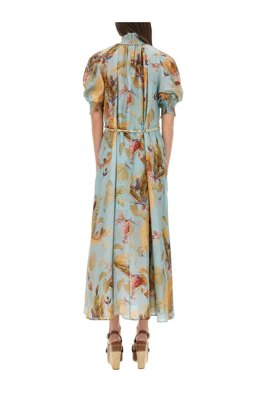 Zimmermann women’s ascension maxi dress in light blue with long sleeves and vibrant tropical bird and leaf print