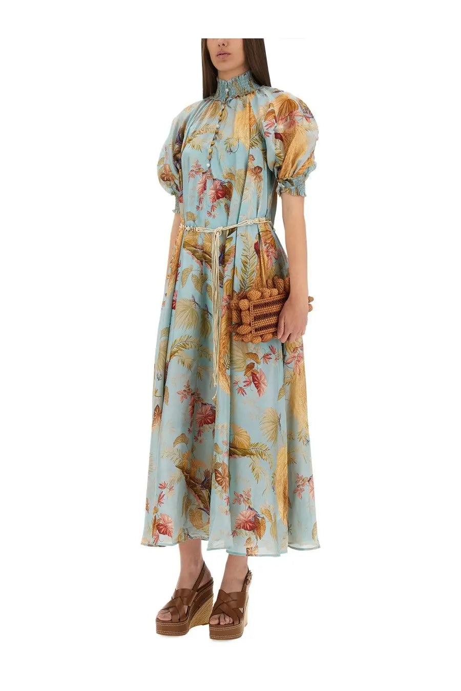 Zimmermann women’s ascension midi dress in light blue with high neckline, puffed sleeves, and tropical bird print