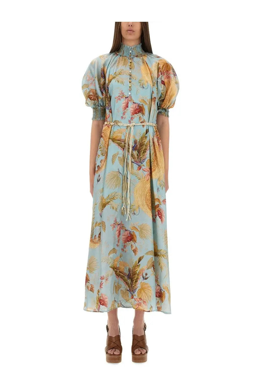 Zimmermann women’s ascension midi dress in light blue with vibrant tropical bird and foliage print puff sleeves and belt