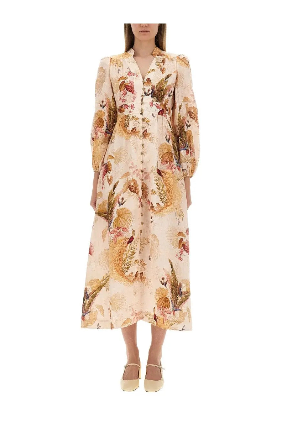 Zimmermann women’s ascension plunge midi dress beige with long sleeves and tropical floral pattern on cream base