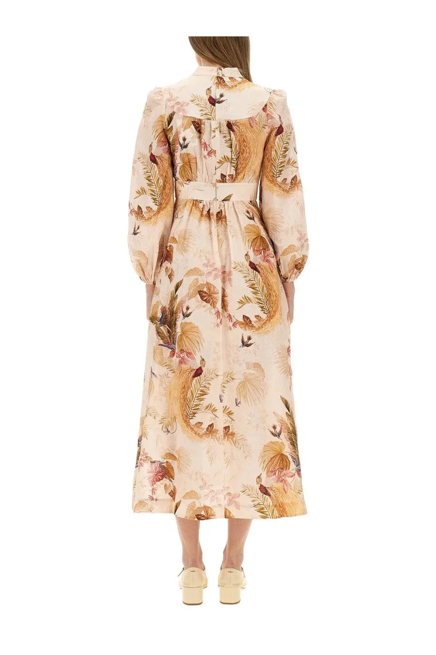 Zimmermann women’s ascension plunge midi dress beige long-sleeved with tropical bird leaf print and gold accents