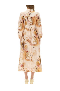 Zimmermann women’s ascension plunge midi dress beige long-sleeved with tropical bird leaf print and gold accents
