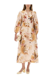 Zimmermann women’s Ascension plunge midi dress beige in soft cream with golden leaves and pink floral botanical print