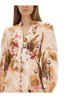 Zimmermann women’s ascension plunge midi dress beige cream with vibrant tropical print of leaves birds and flowers