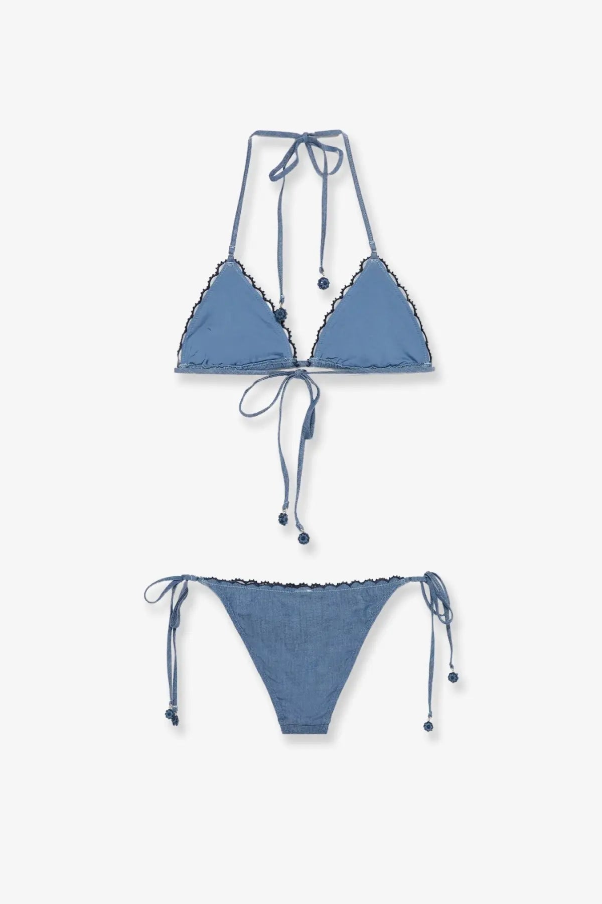 Zimmermann women’s aster denim blue bikini set with lace trim and beaded ties in triangle top style