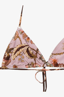 Zimmermann womens aster nylon bikini top in lavender with vintage botanical print in brown beige and soft pink tones