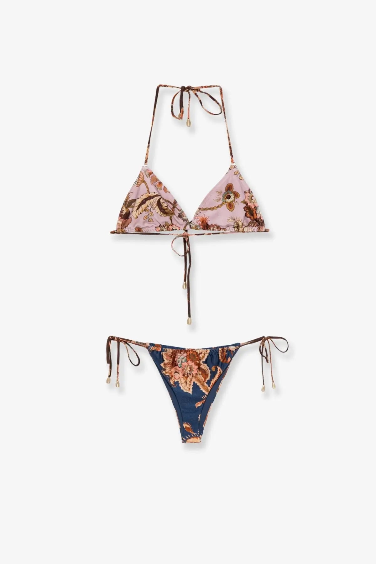Zimmermann women’s aster nylon bikini multicolor with lavender floral triangle top and navy thong bottoms with botanical prints