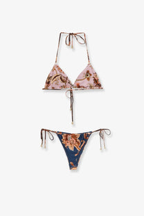 Zimmermann women’s aster nylon bikini multicolor with lavender floral triangle top and navy thong bottoms with botanical prints