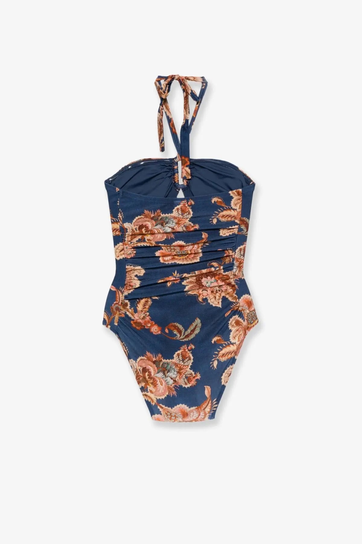 Zimmermann women’s aster nylon navy blue one-piece swimsuit with peach brown floral pattern ruched bodice and tie-back straps