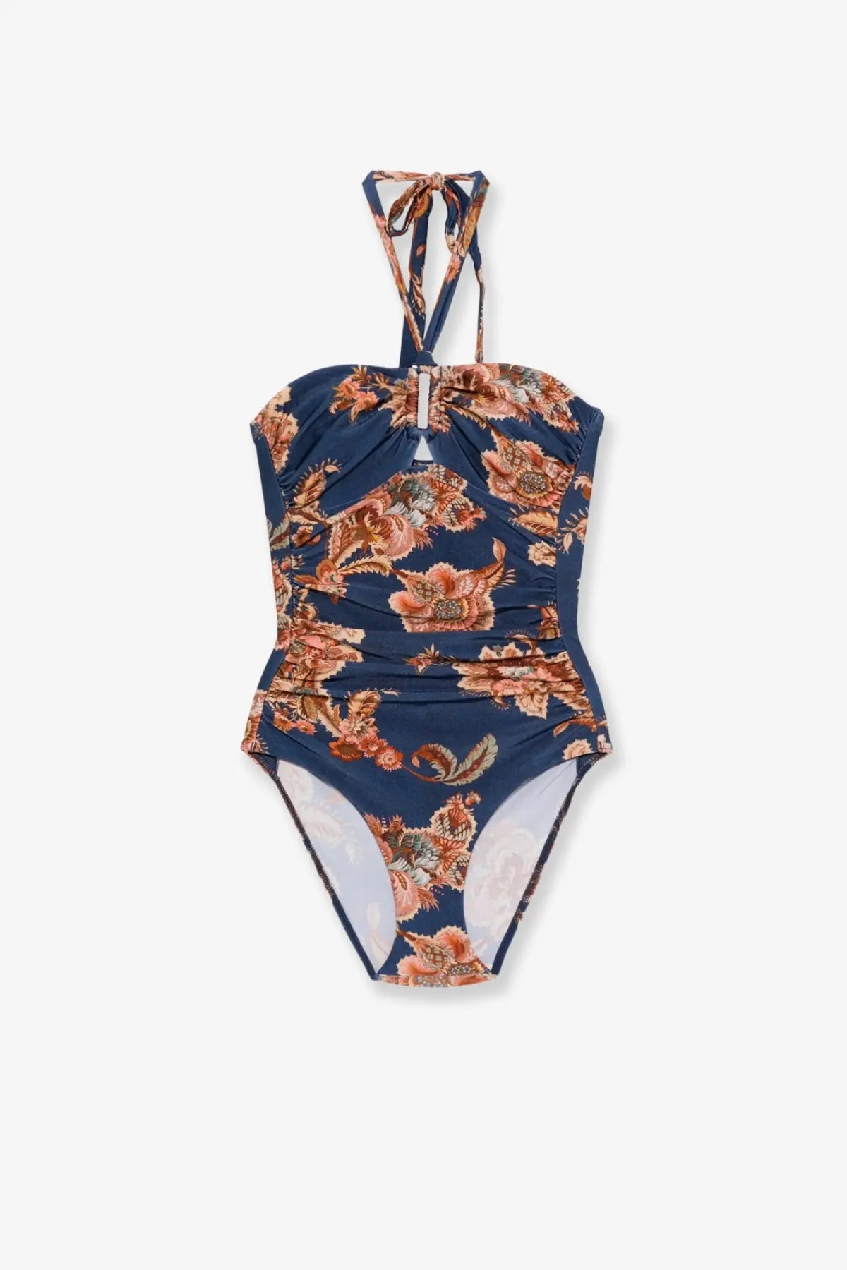 Zimmermann women’s aster navy blue nylon one-piece swimsuit with orange brown floral pattern ruched torso and halter ties