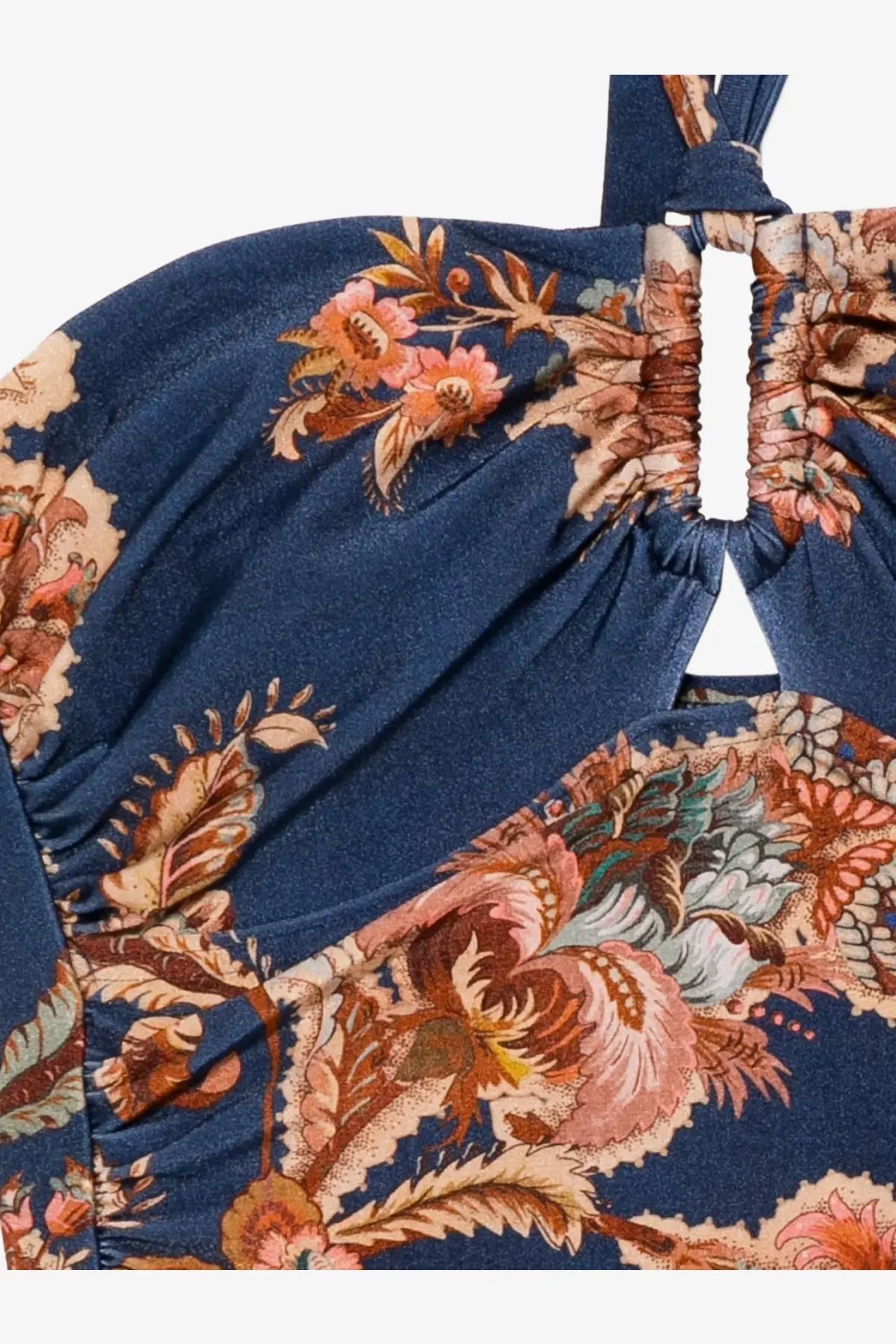 Zimmermann women’s aster nylon one piece swimsuit in navy blue with vibrant pink peach and brown floral pattern