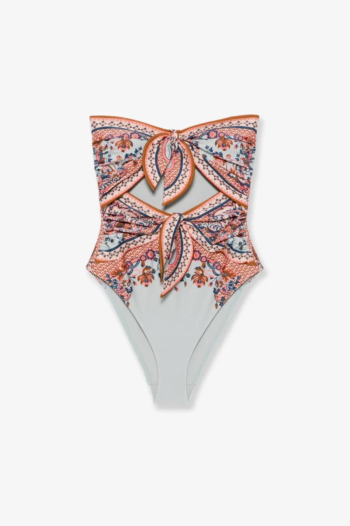Zimmermann women’s aster strapless one piece shiny nylon swimsuit in coral navy cream paisley with bust bows