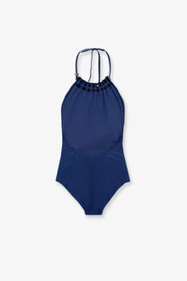 Zimmermann women’s aster one piece swimsuit in shiny nylon darkcobalt navy blue with gold-tone hardware accents at neckline