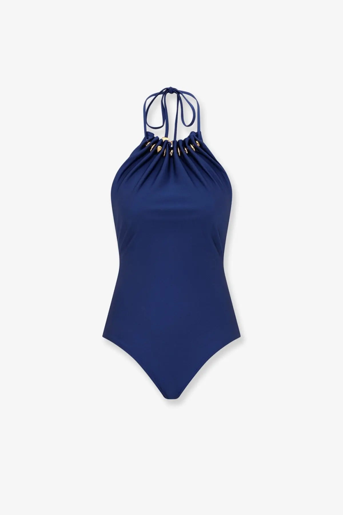 Zimmermann women’s aster one piece swimsuit in shiny nylon dark cobalt navy blue with gold-tone halter neckline accents