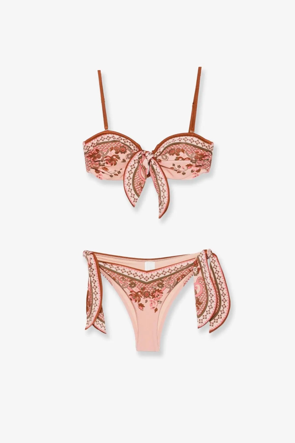 Zimmermann women’s aster shiny nylon bikini in blue with delicate pink and brown floral pattern and thin straps