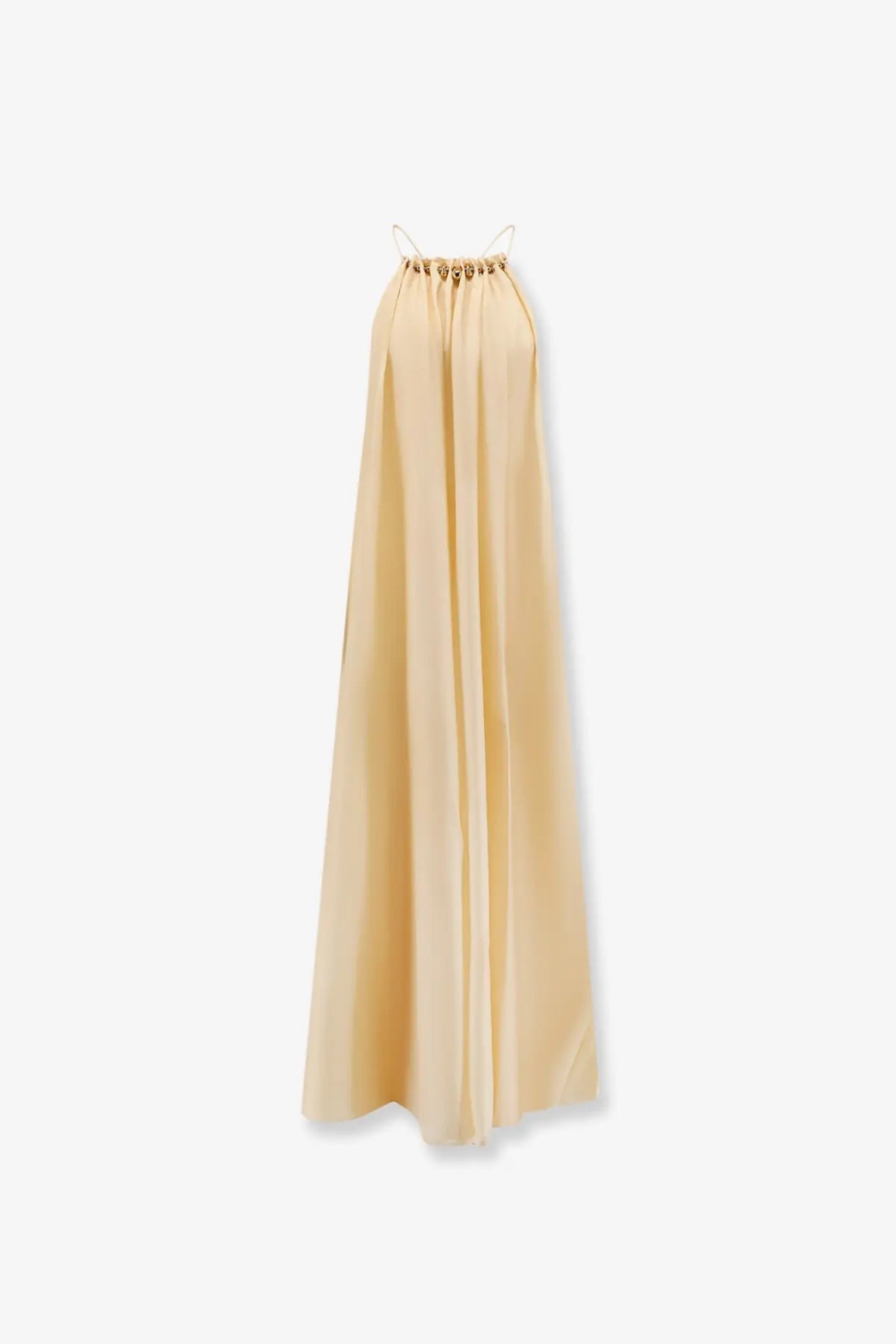 Zimmermann womens aster silk long dress white flowing pale yellow maxi with spaghetti straps and metallic embellishments