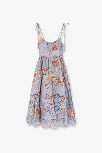Zimmermann women’s awaken long linen dress orange with light blue floral midi length tie straps and eyelet lace hem