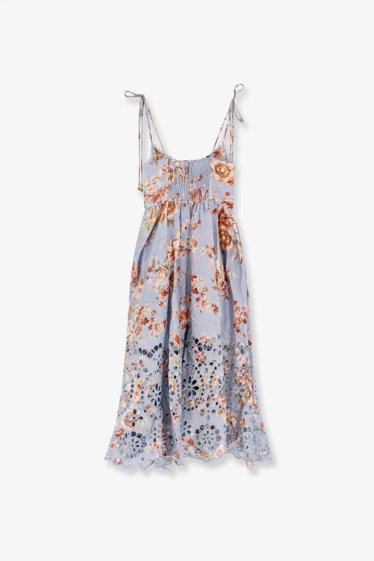 Zimmermann women’s awaken long linen dress orange with light blue floral print eyelet lace hem and adjustable tie straps
