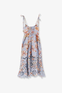 Zimmermann women’s awaken long linen dress orange with light blue floral print eyelet lace hem and adjustable tie straps
