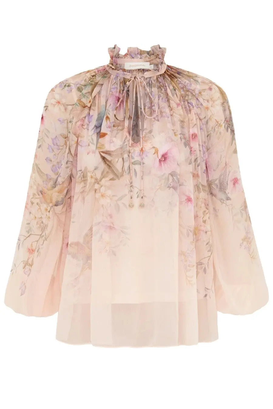 Zimmermann women’s billow rebellion blush pink floral blouse with sheer flowing fabric and high ruffled neckline