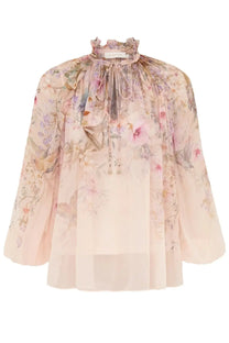 Zimmermann women’s billow rebellion blush pink floral blouse with sheer flowing fabric and high ruffled neckline