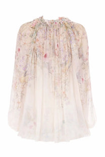 Zimmermann women’s billow rebellion blouse white sheer with soft pastel floral pattern and ruffled neckline