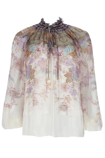 Zimmermann women’s blusa luna con maniche sbuffo sheer pastel floral blouse with ruffled neckline and long sleeves