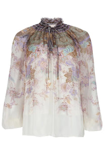 Zimmermann women’s blusa luna con maniche sbuffo multicolor sheer blouse with lavender and gold floral pattern and ruffled neck