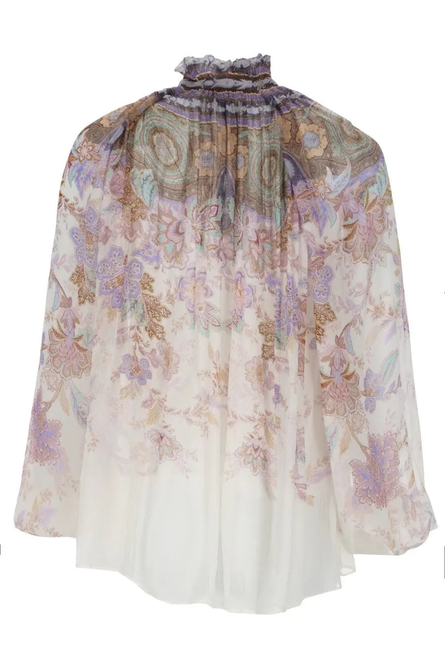 Zimmermann women’s blusa luna con maniche sbuffo multicolor flowing sheer blouse with ruffled neck and floral pattern