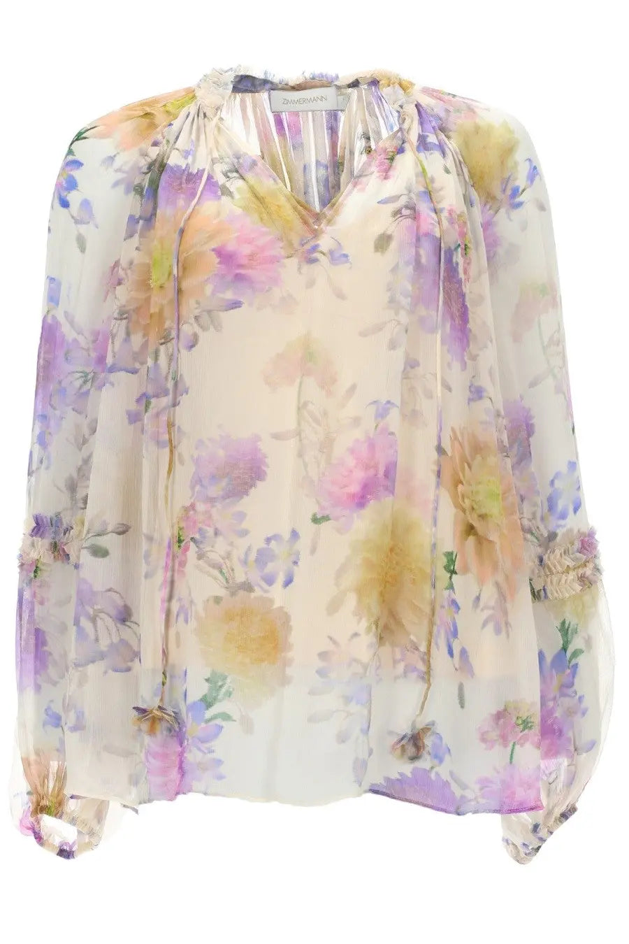 Zimmermann women’s blusa luna multicolor sheer cream blouse with watercolor lavender pink and yellow floral patterns