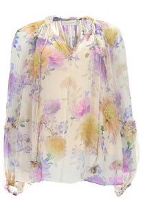 Zimmermann women’s blusa luna multicolor sheer cream blouse with watercolor lavender pink and yellow floral patterns