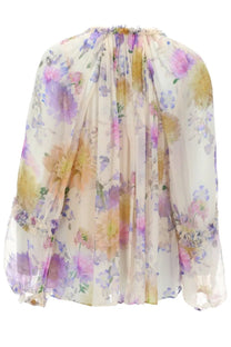 Zimmermann women’s blusa luna multicolor sheer cream blouse with pastel purple pink and yellow floral pattern