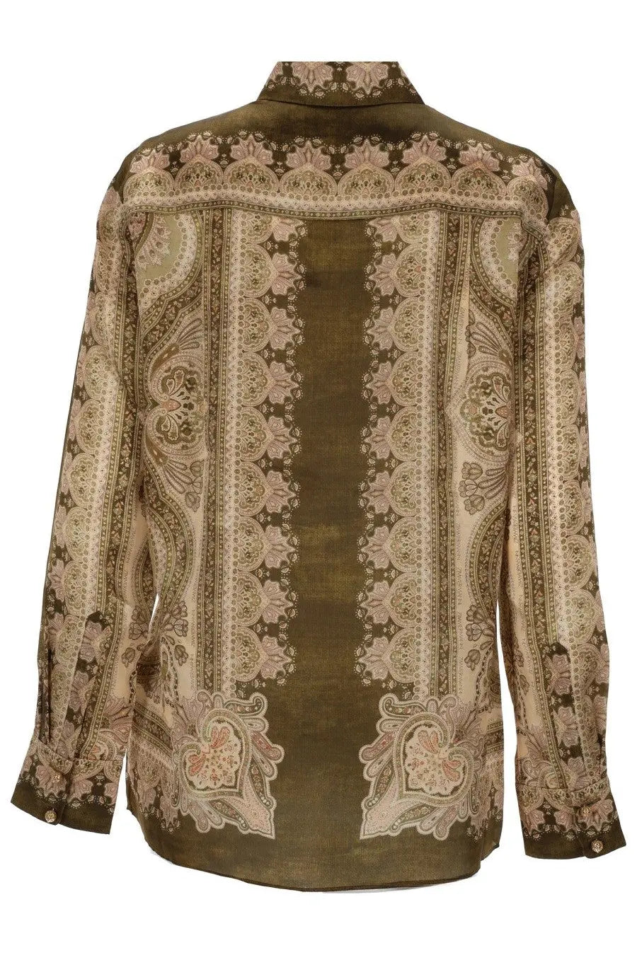 Zimmermann women’s camicia luna green olive green long-sleeved button-up shirt with beige and brown paisley pattern