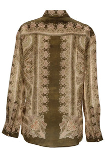 Zimmermann women’s camicia luna green olive green long-sleeved button-up shirt with beige and brown paisley pattern